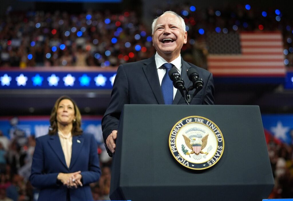 Democratic vice presidential candidate Minnesota Governor Tim Walz speaks during a campaign rally for Democratic presidential candidate Vice President Harris at Temple University on Aug. 6 in Philadelphia.