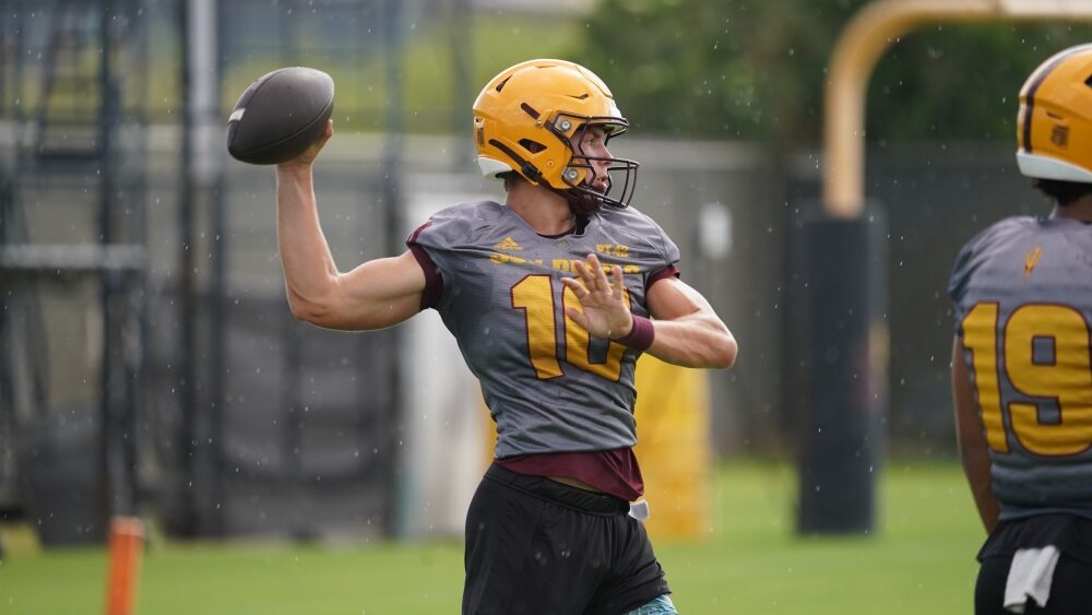 Arizona State QB Sam Leavitt throwing to left (Jeremy Schnell/Arizona Sports)...