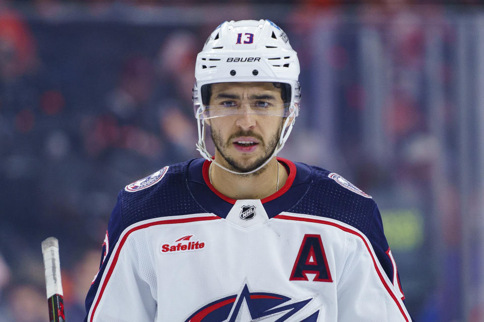 FILE - Columbus Blue Jackets' Johnny Gaudreau looks on during an NHL hockey game against the Philadelphia Flyers, Tuesday, April 11, 2023, in Philadelphia. (AP Photo/Chris Szagola, File)