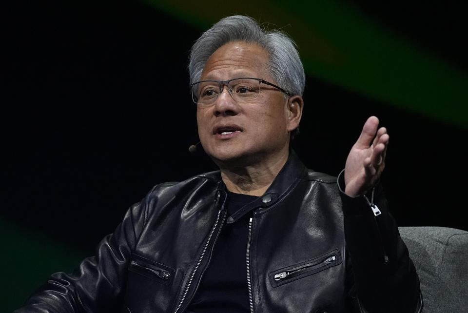 Jensen Huang, chief executive of Nvidia, delivers a keynote address at SIGGRAPH 2024, the world's premier conference on computer graphics and interactive technologies, at the Colorado Convention Center on Monday, July 29, 2024. , Denver. (AP Photo/David Zalubowski)