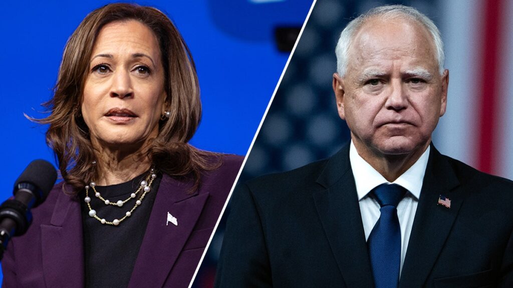 Kamala Harris speaks at a teachers union event, left, Governor Walz in front of an American flag, right